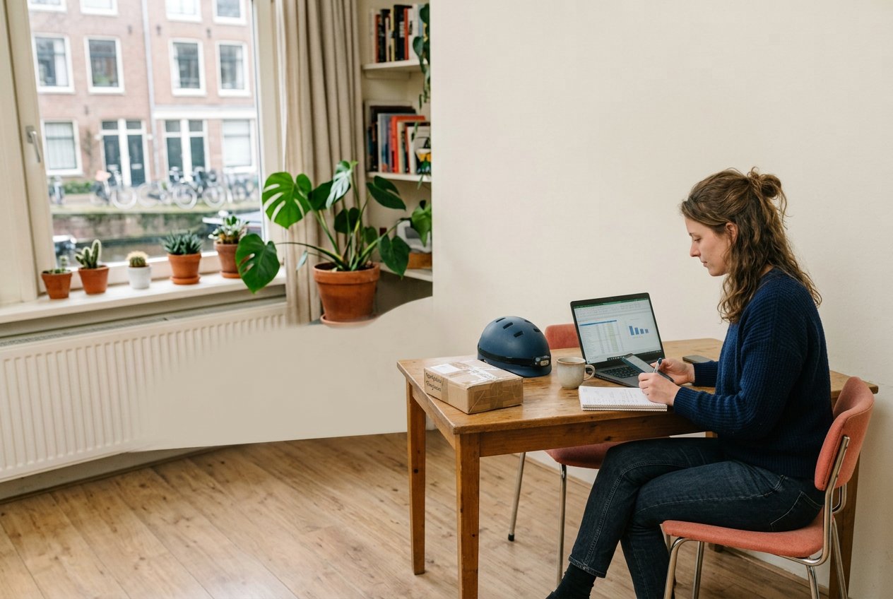 Iemand maakt thuis aan de keukentafel een praktisch plan voor extra inkomsten